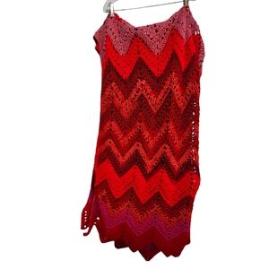 Vintage Red Pink Crochet Blanket Throw Grandma Knit Chevron